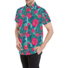 Red Hibiscus Pattern Print Design HB017 Men's Short Sleeve Button Up Shirt