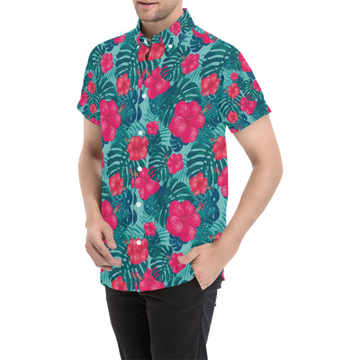 Red Hibiscus Pattern Print Design HB017 Men's Short Sleeve Button Up Shirt