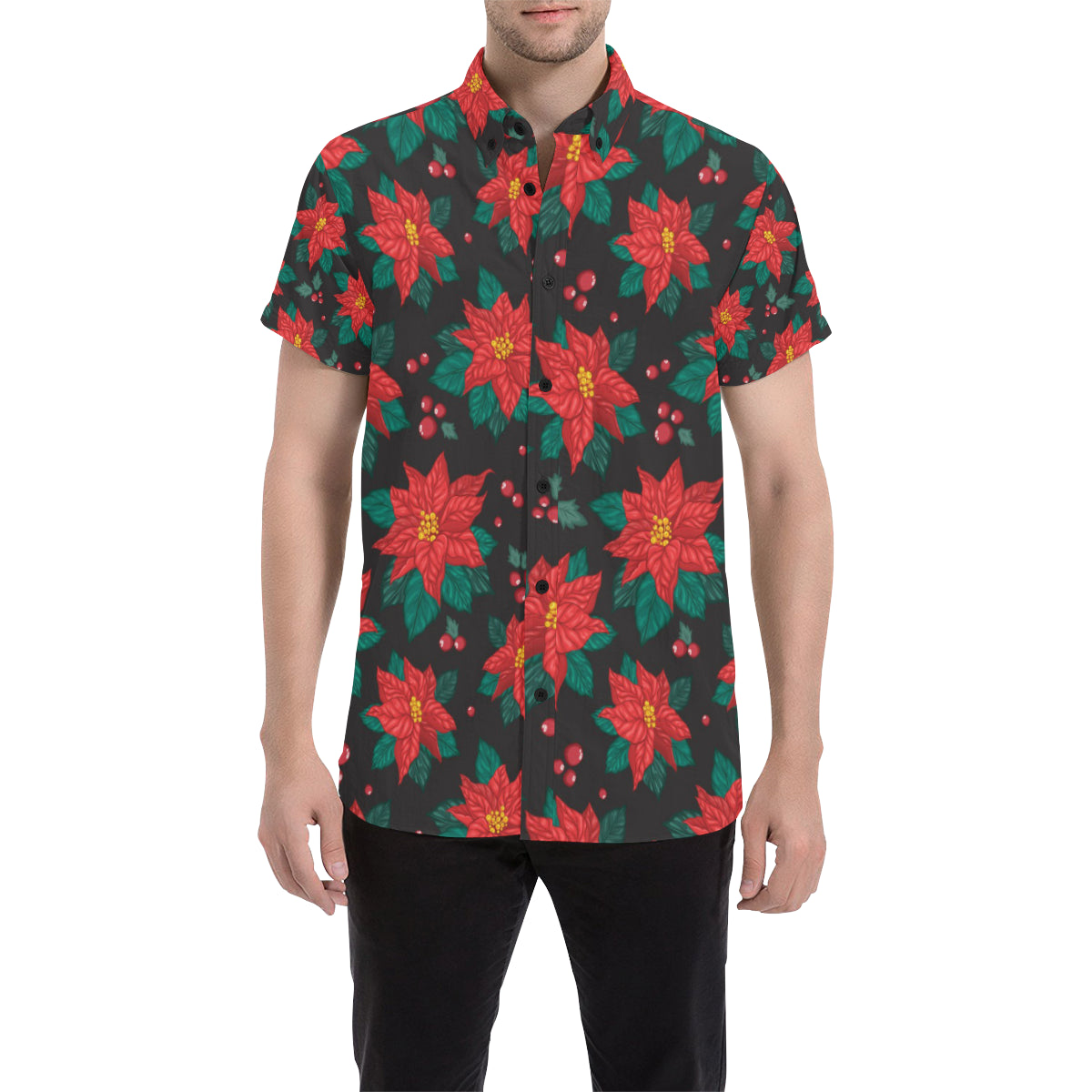 Poinsettia Pattern Print Design POT07 Men's Short Sleeve Button Up Shirt