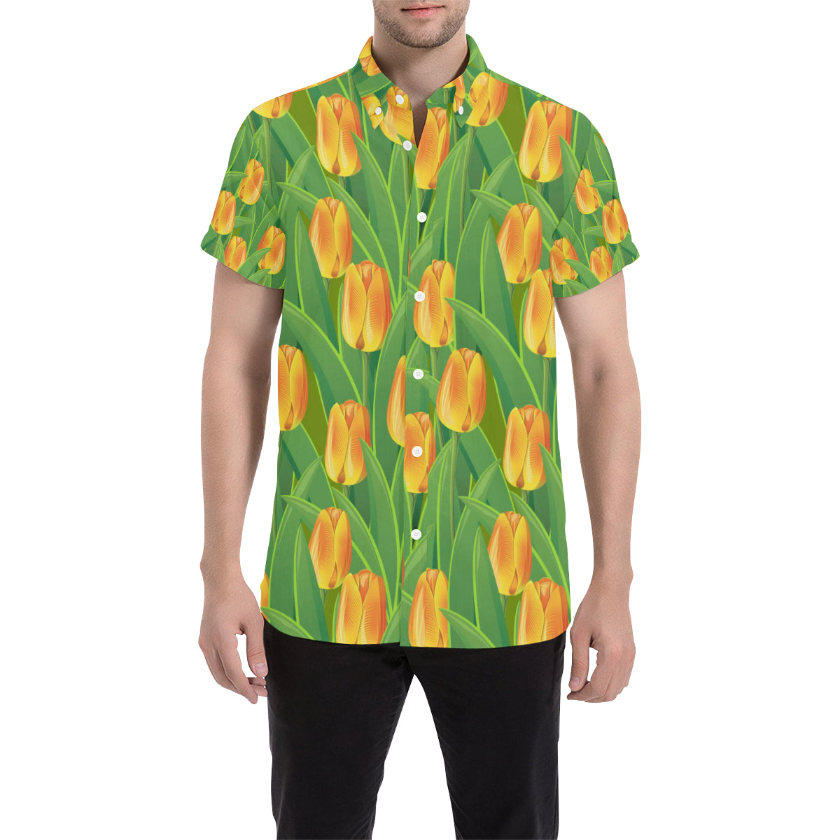 Tulip Orange Pattern Print Design TP07 Men's Short Sleeve Button Up Shirt