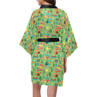 Camping Camper Pattern Print Design 04 Women's Short Kimono