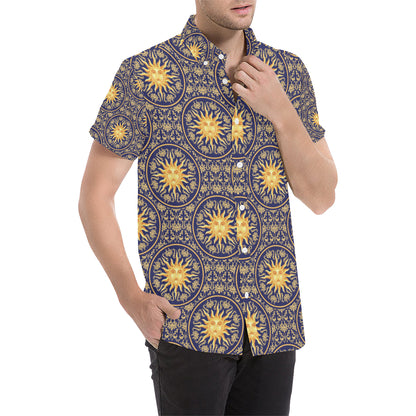 Celestial Gold Sun Face Men's Short Sleeve Button Up Shirt