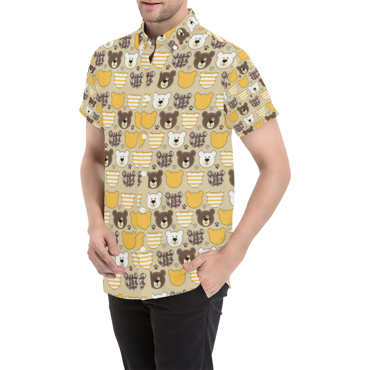 Bear PatchworkPattern Print Design 01 Men's Short Sleeve Button Up Shirt
