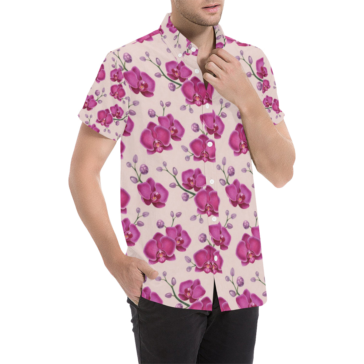 Orchid Purple Pattern Print Design OR04 Men's Short Sleeve Button Up Shirt