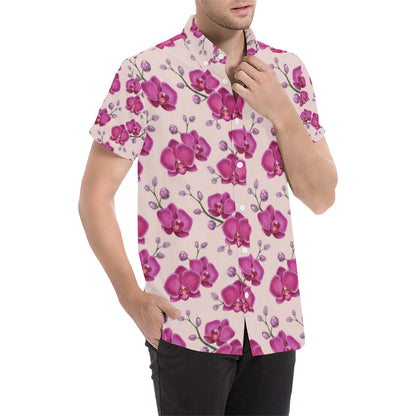 Orchid Purple Pattern Print Design OR04 Men's Short Sleeve Button Up Shirt