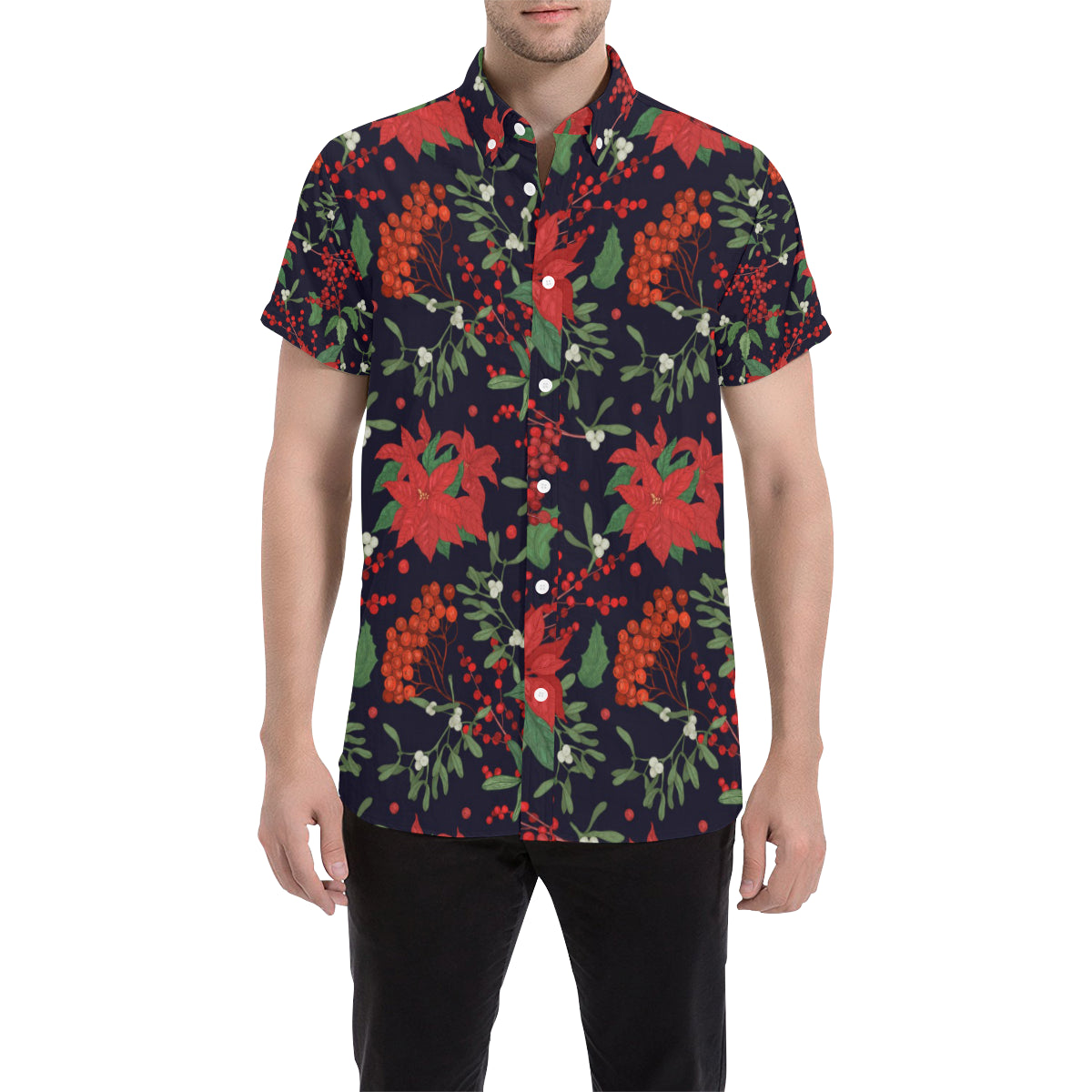 Poinsettia Pattern Print Design POT02 Men's Short Sleeve Button Up Shirt