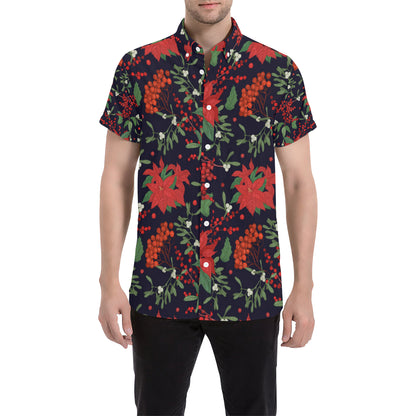 Poinsettia Pattern Print Design POT02 Men's Short Sleeve Button Up Shirt