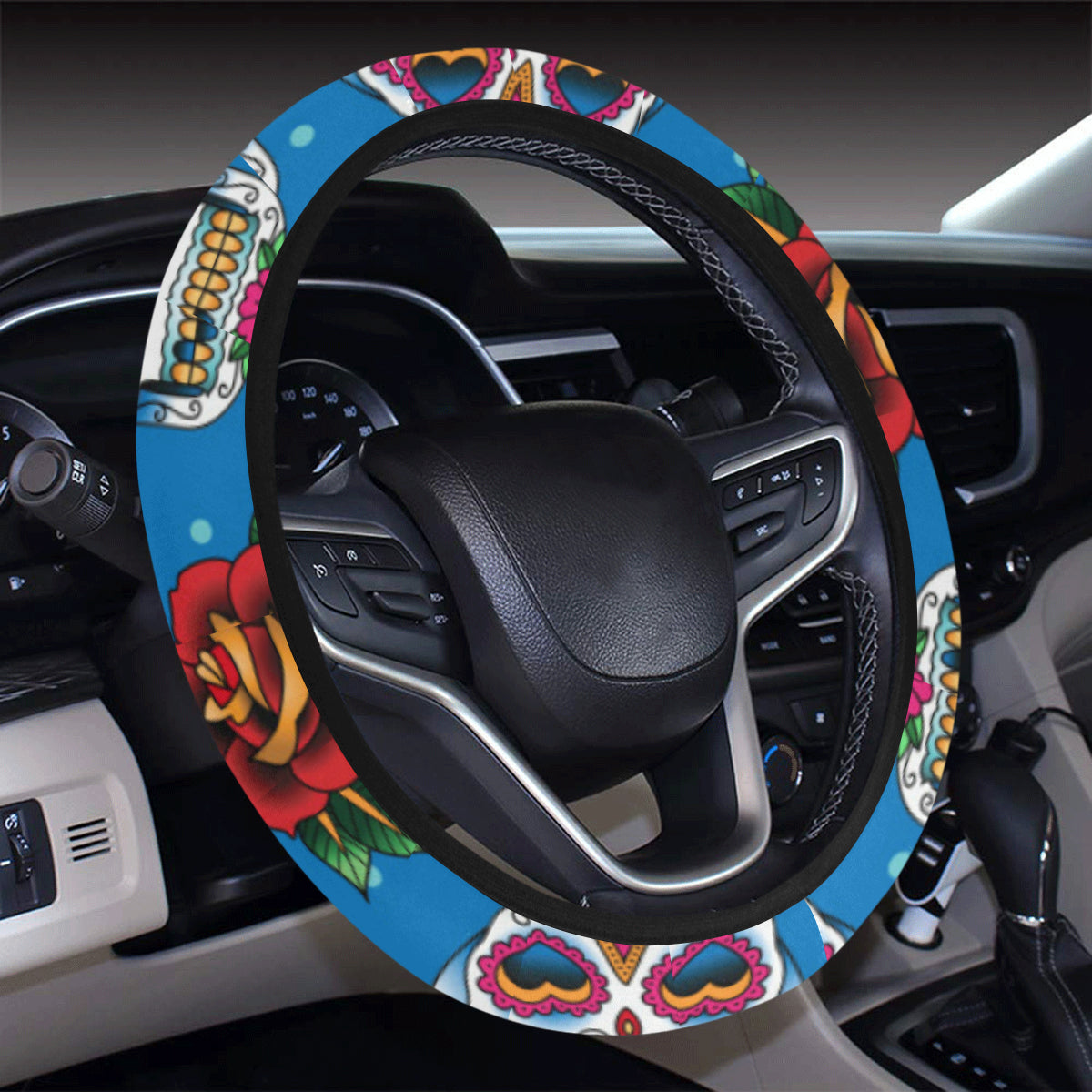 Sugar Skull Rose Pattern Steering Wheel Cover with Elastic Edge