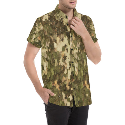 Camo Realistic Tree Texture Print Men's Short Sleeve Button Up Shirt