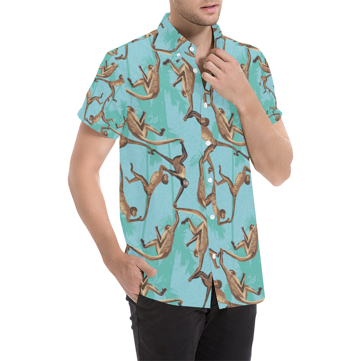Monkey Pattern Print Design 04 Men's Short Sleeve Button Up Shirt