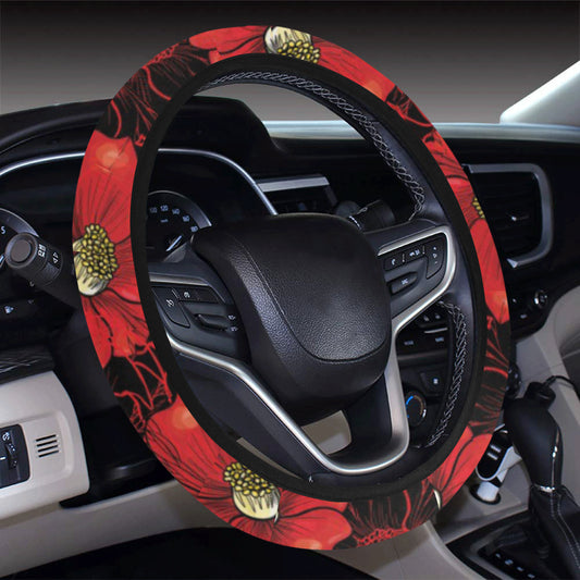 Camellia Pattern Print Design CM06 Steering Wheel Cover with Elastic Edge