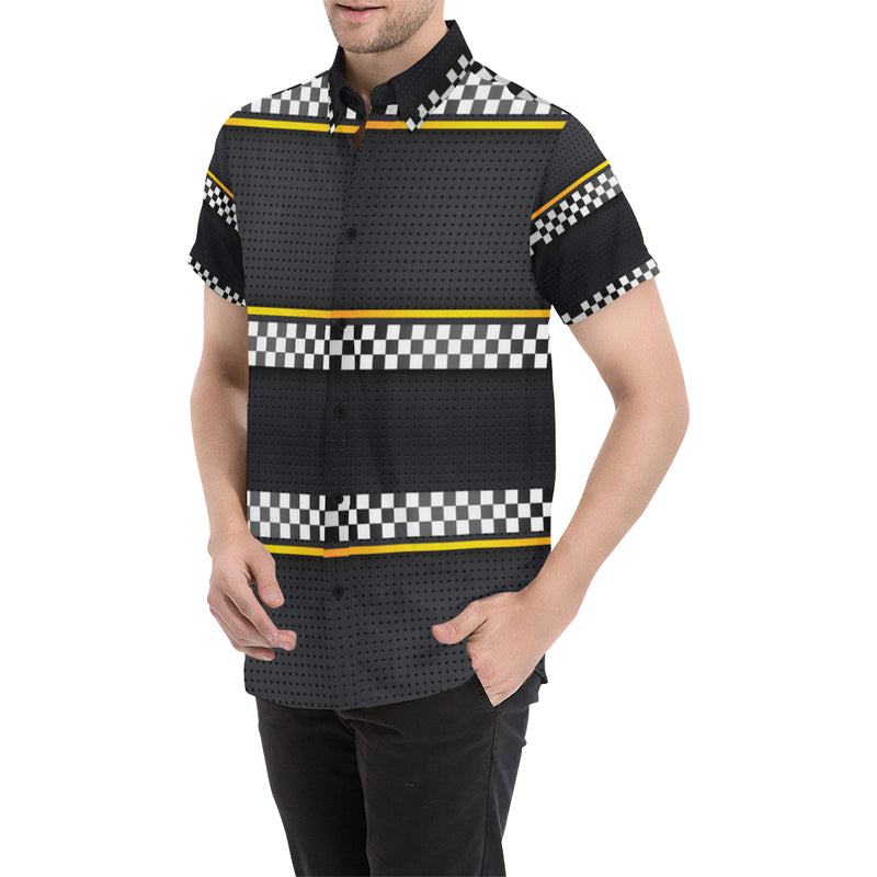 Checkered Flag Yellow Line Style Men's Short Sleeve Button Up Shirt