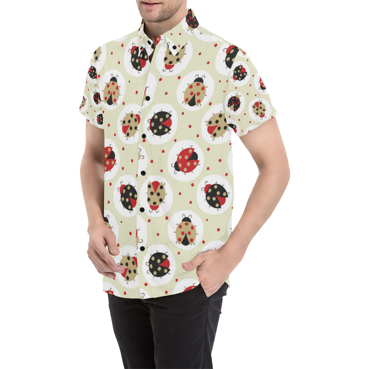 Ladybug Pattern Print Design 03 Men's Short Sleeve Button Up Shirt