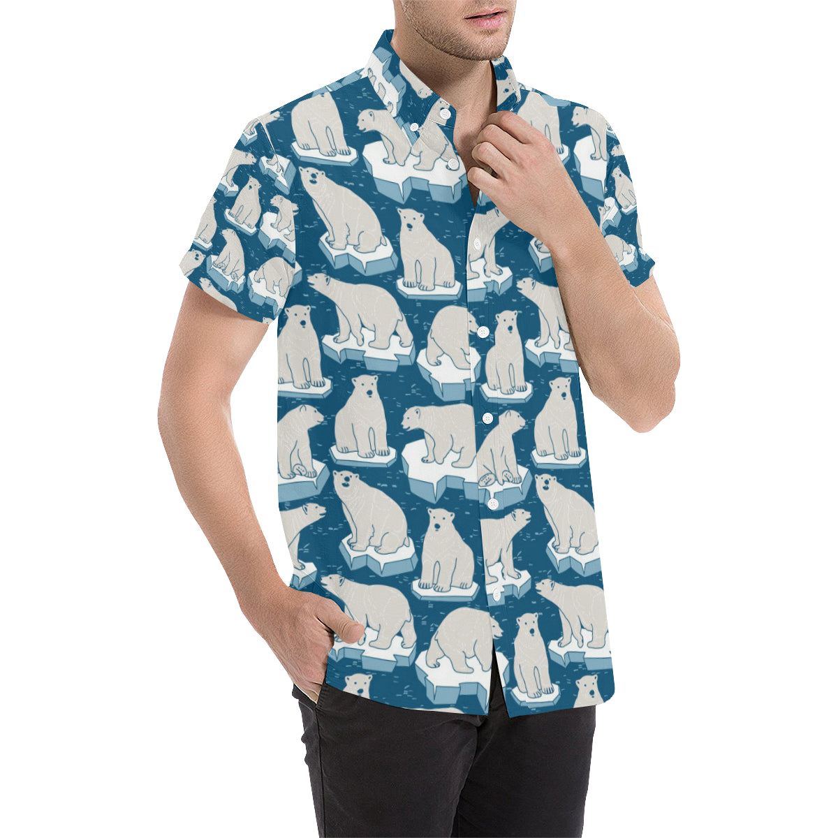 Polar Bear Pattern Print Design PB03 Men's Short Sleeve Button Up Shirt