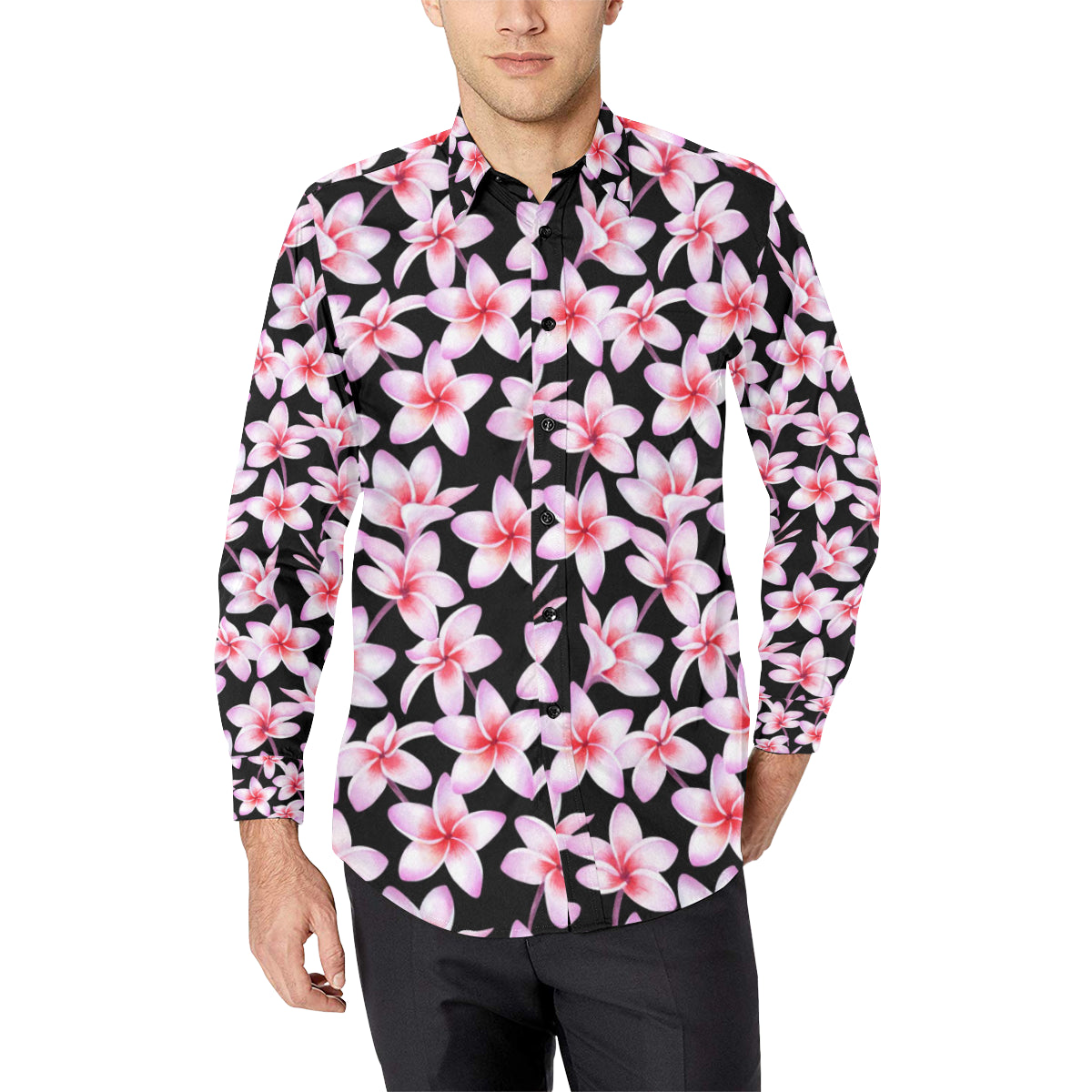 Pink Plumeria Pattern Print Design PM09 Men's Long Sleeve Shirt
