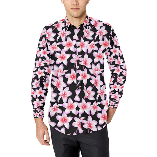 Pink Plumeria Pattern Print Design PM09 Men's Long Sleeve Shirt