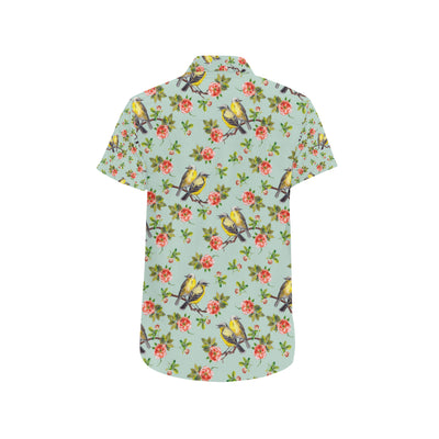 Bird with Red Flower Print Pattern Men's Short Sleeve Button Up Shirt