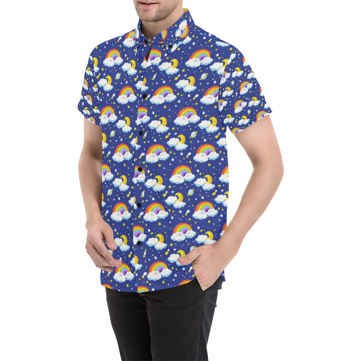 Rainbow Space Design Print Men's Short Sleeve Button Up Shirt