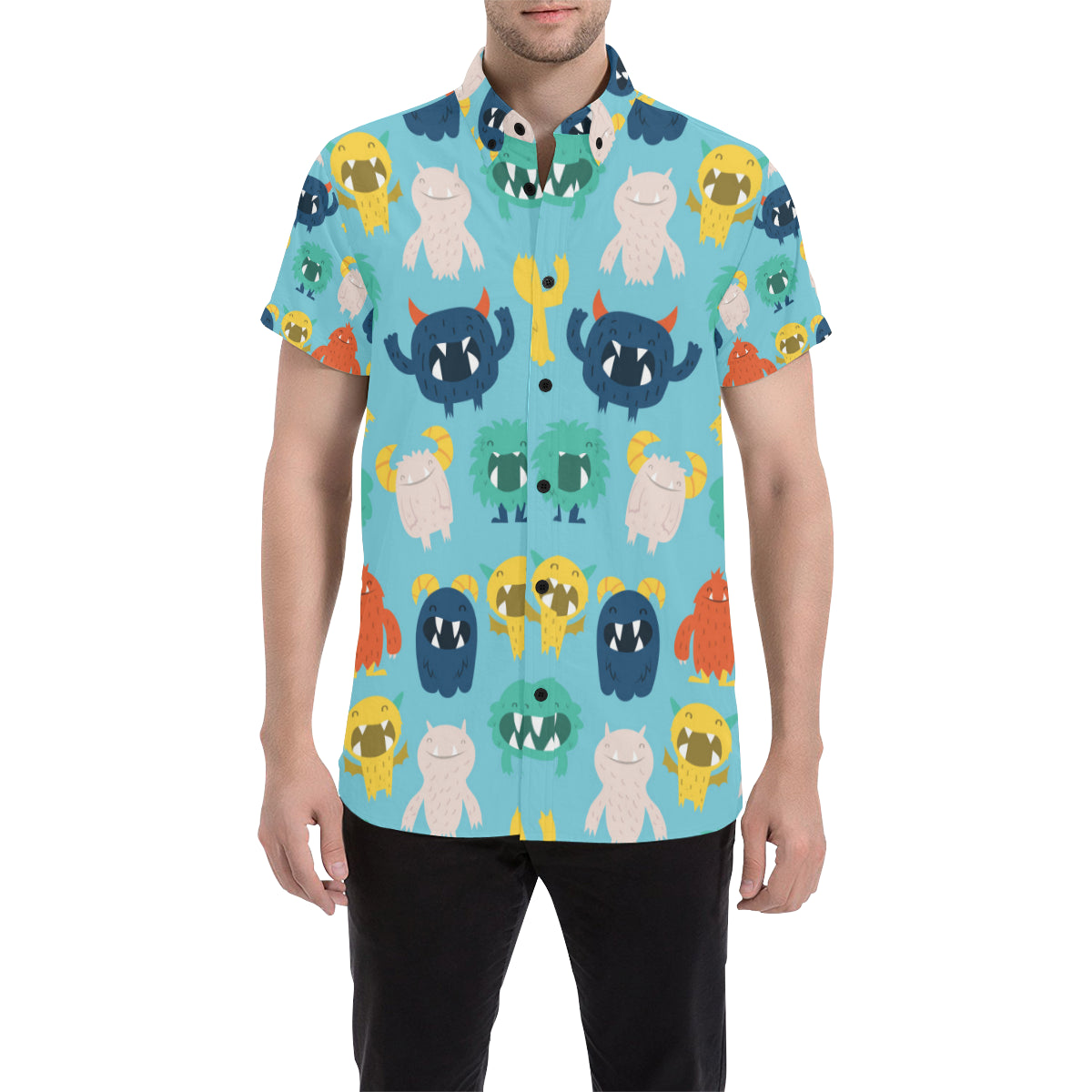 Monster Cartoon Pattern Print Design 03 Men's Short Sleeve Button Up Shirt