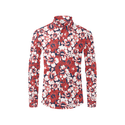 Red Hibiscus Pattern Print Design HB01 Men's Long Sleeve Shirt