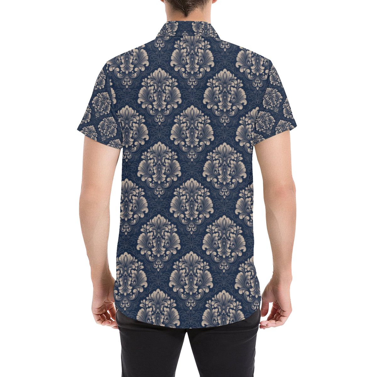Damask Blue Luxury Print Pattern Men's Short Sleeve Button Up Shirt