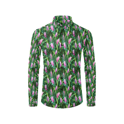 Tropical Folower Pink Heliconia Print Men's Long Sleeve Shirt