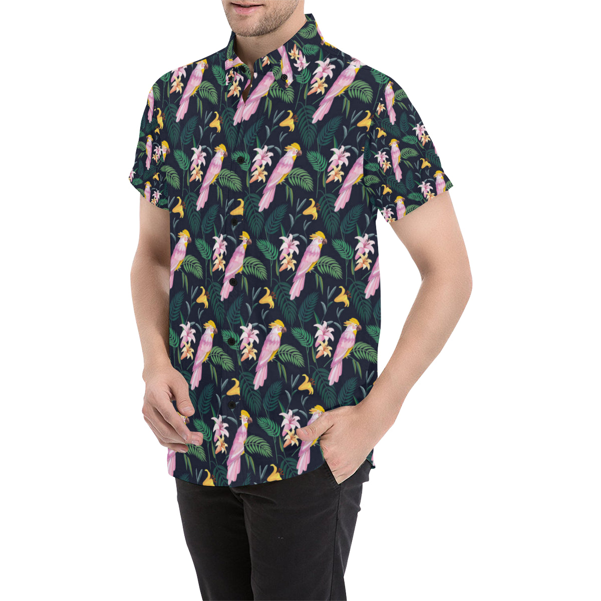 Cockatoo Pattern Print Design 03 Men's Short Sleeve Button Up Shirt