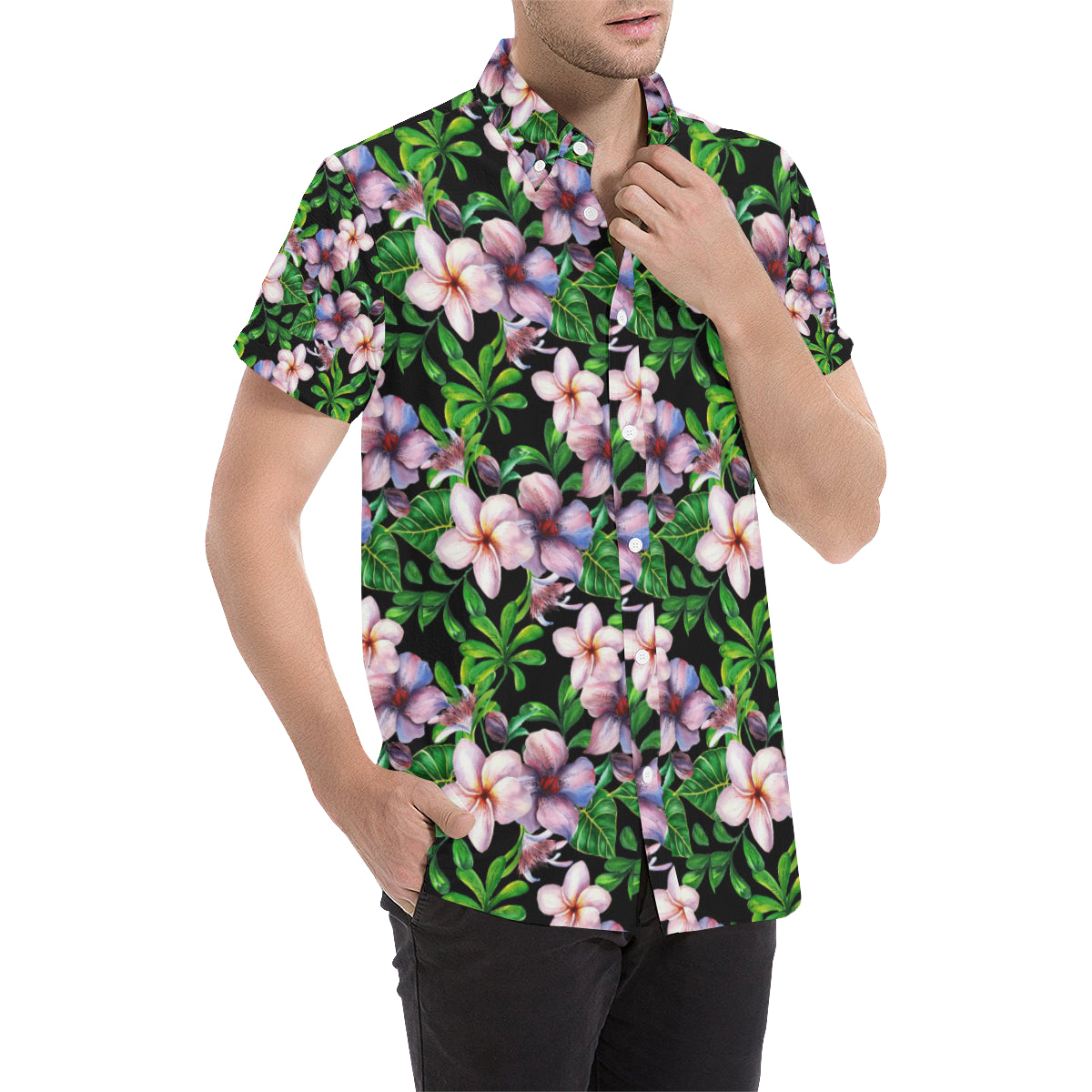 Plumeria Pattern Print Design PM01 Men's Short Sleeve Button Up Shirt