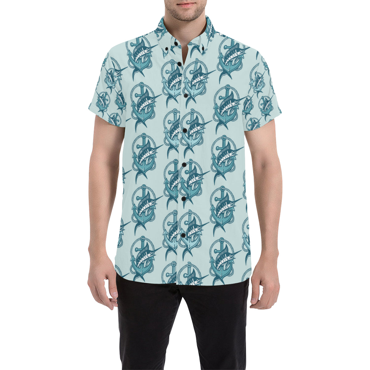 Swordfish Pattern Print Design 03 Men's Short Sleeve Button Up Shirt