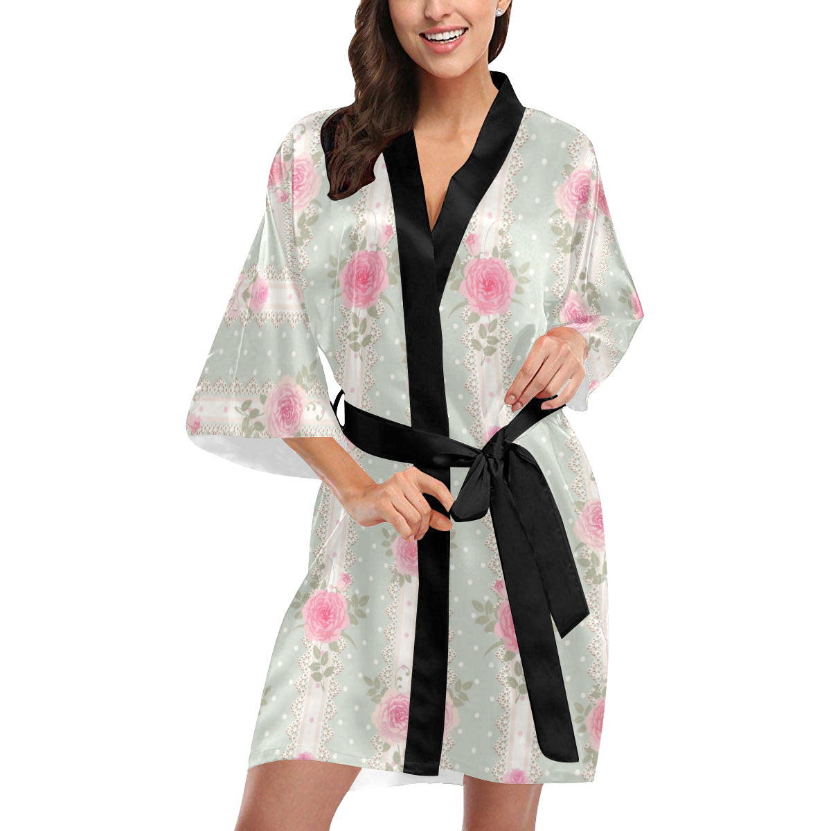 Rose Pattern Print Design RO016 Women Kimono Robe