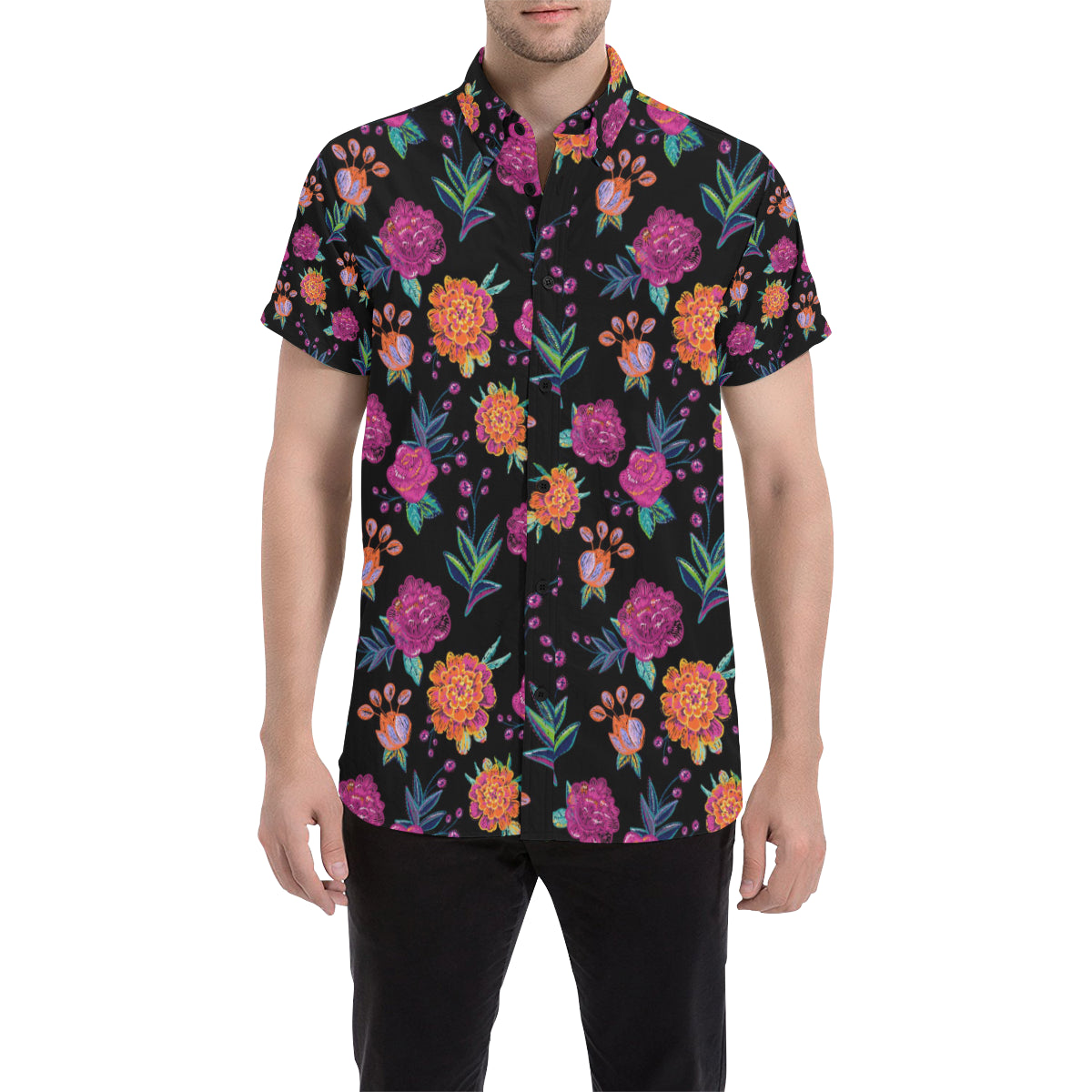 Marigold Pattern Print Design MR02 Men's Short Sleeve Button Up Shirt