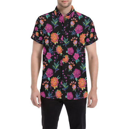 Marigold Pattern Print Design MR02 Men's Short Sleeve Button Up Shirt
