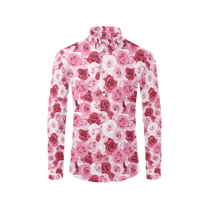 Pink Red Rose Pattern Print Men's Long Sleeve Shirt