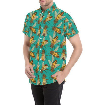 Bee Pattern Print Design BEE04 Men's Short Sleeve Button Up Shirt