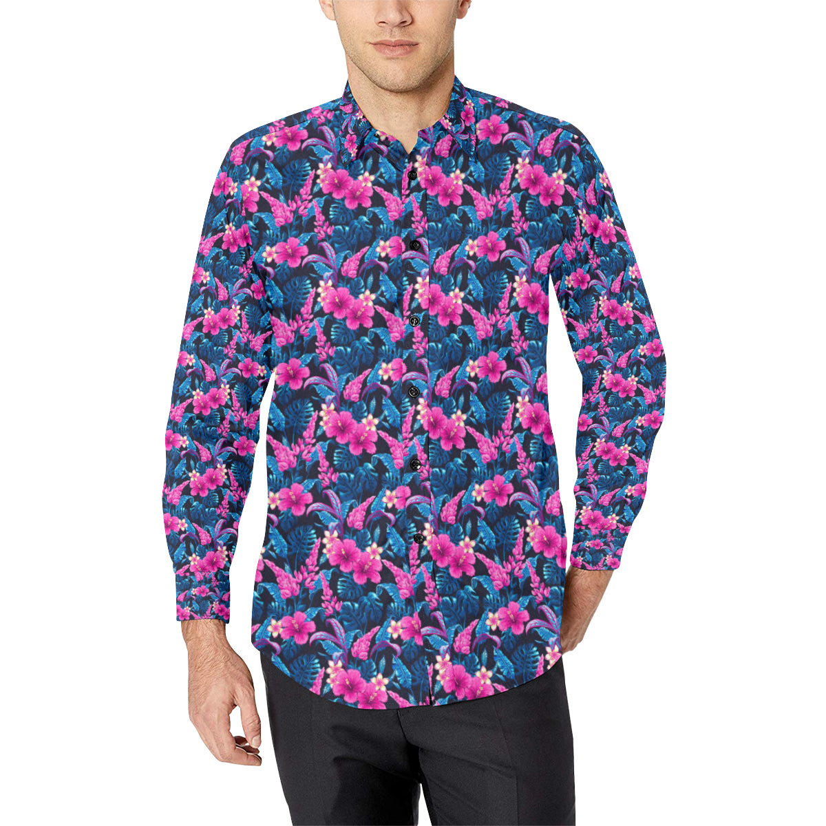 Tropical Folower Pink Themed Print Men's Long Sleeve Shirt