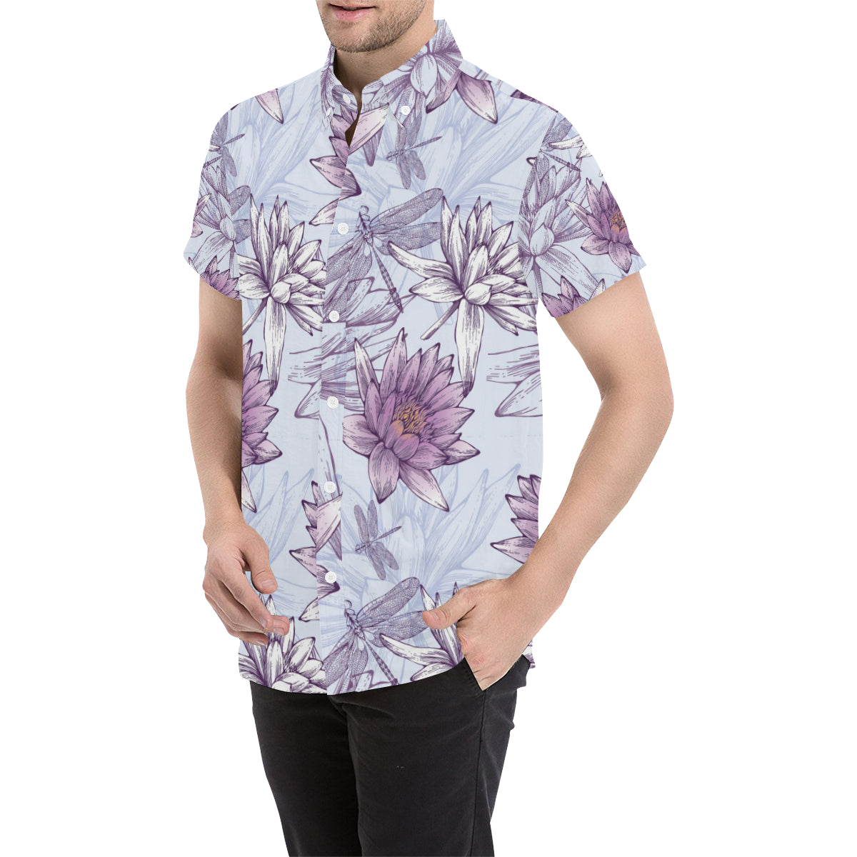 Water Lily Pattern Print Design WL01 Men's Short Sleeve Button Up Shirt