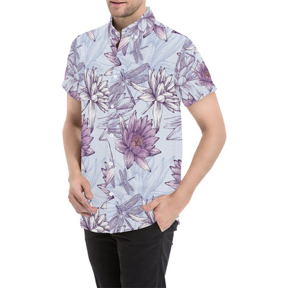 Water Lily Pattern Print Design WL01 Men's Short Sleeve Button Up Shirt