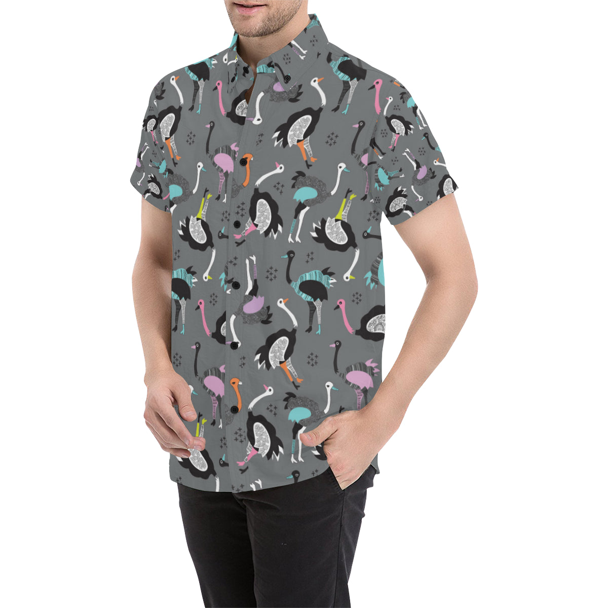 Ostrich Pattern Print Design 01 Men's Short Sleeve Button Up Shirt