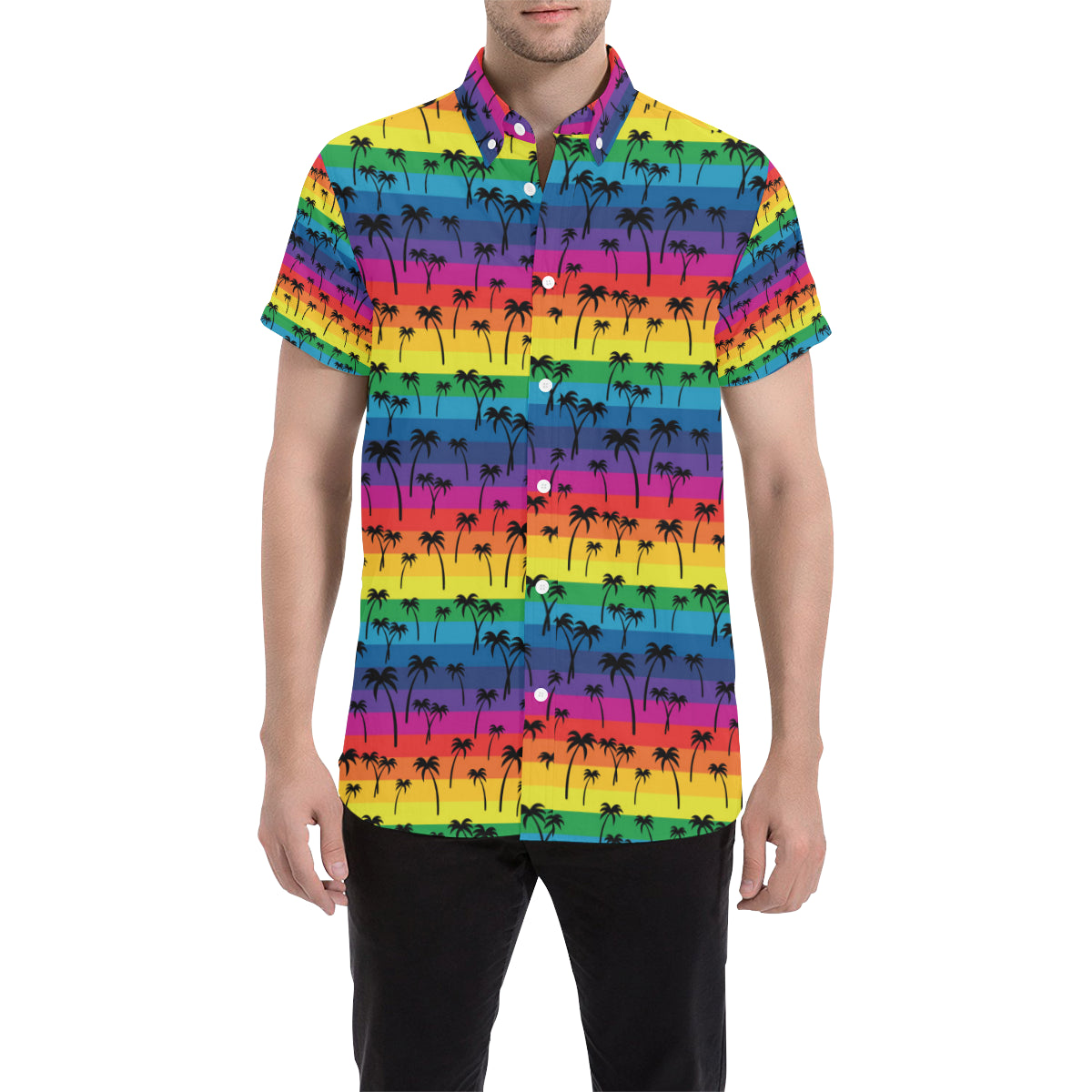 Palm Tree Rainbow Themed Print Men's Short Sleeve Button Up Shirt