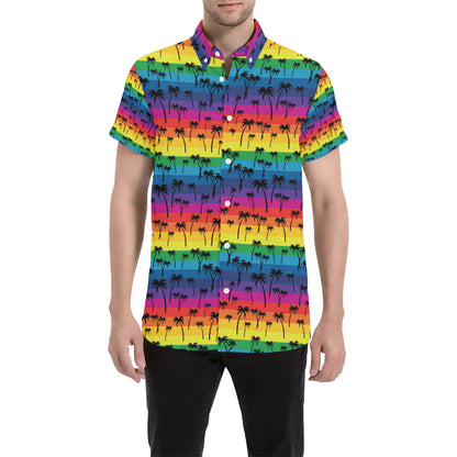 Palm Tree Rainbow Themed Print Men's Short Sleeve Button Up Shirt