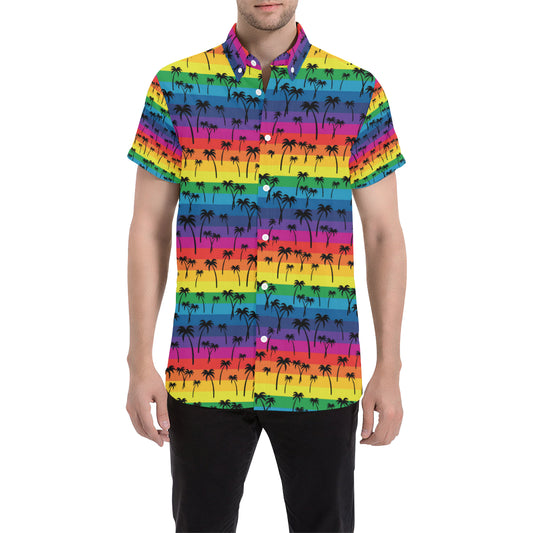 Palm Tree Rainbow Themed Print Men's Short Sleeve Button Up Shirt