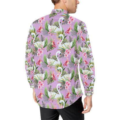 Swan with Flower Pattern Print Design 01 Men's Long Sleeve Shirt