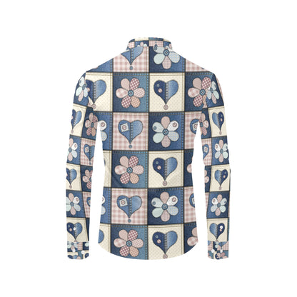 Patchwork Heart Flower Pattern Print Design 01 Men's Long Sleeve Shirt