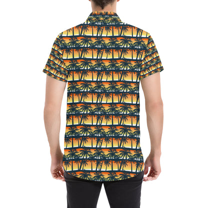 Palm Tree Sunset Design Print Men's Short Sleeve Button Up Shirt