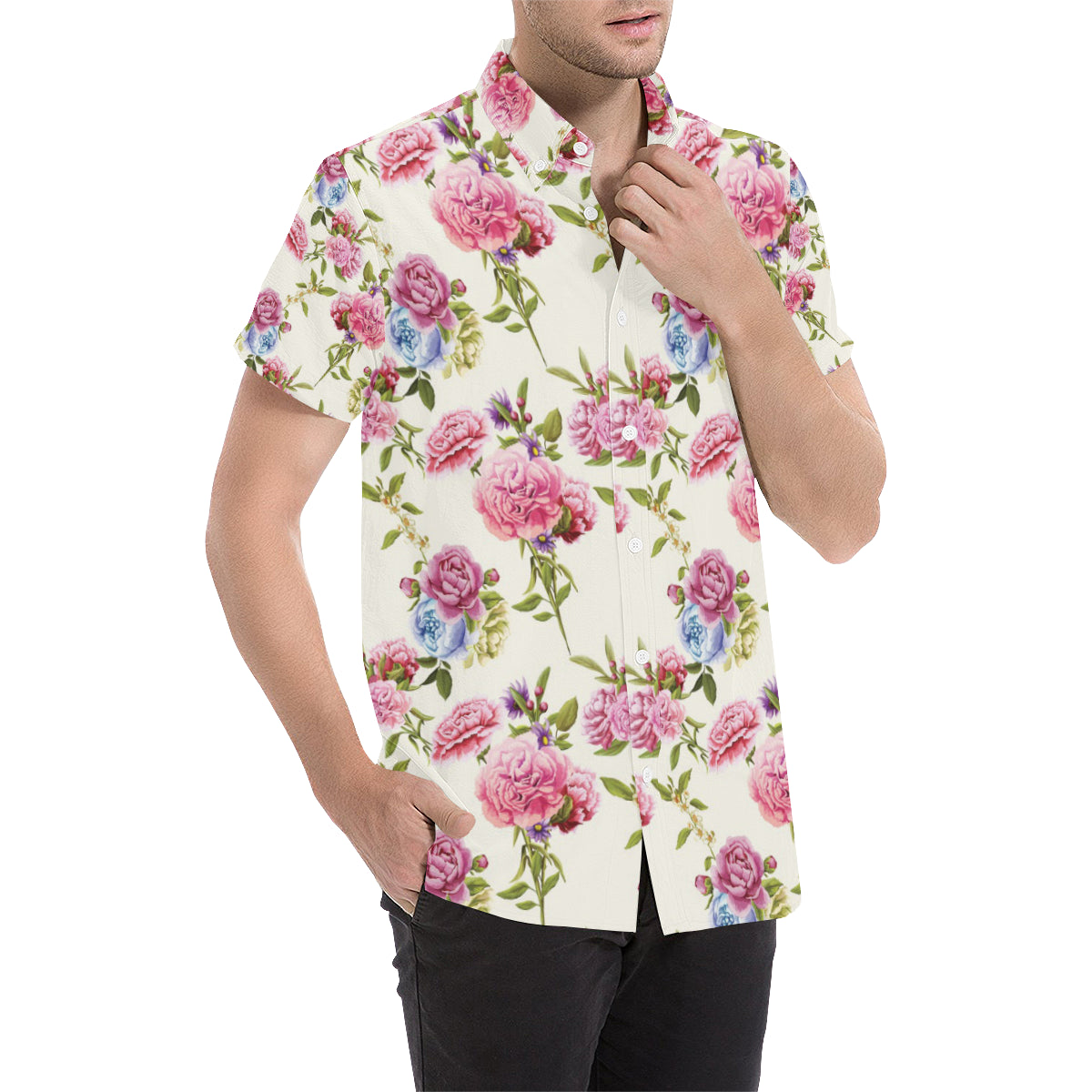 Carnations Pattern Print Design CN02 Men's Short Sleeve Button Up Shirt