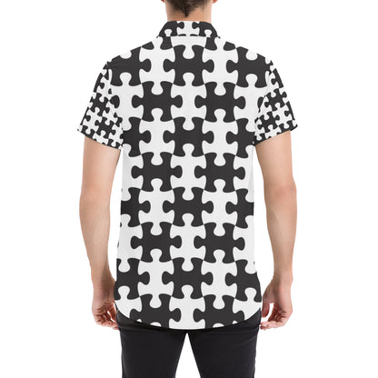Puzzle Black White Pattern Print Design A02 Men's Short Sleeve Button Up Shirt