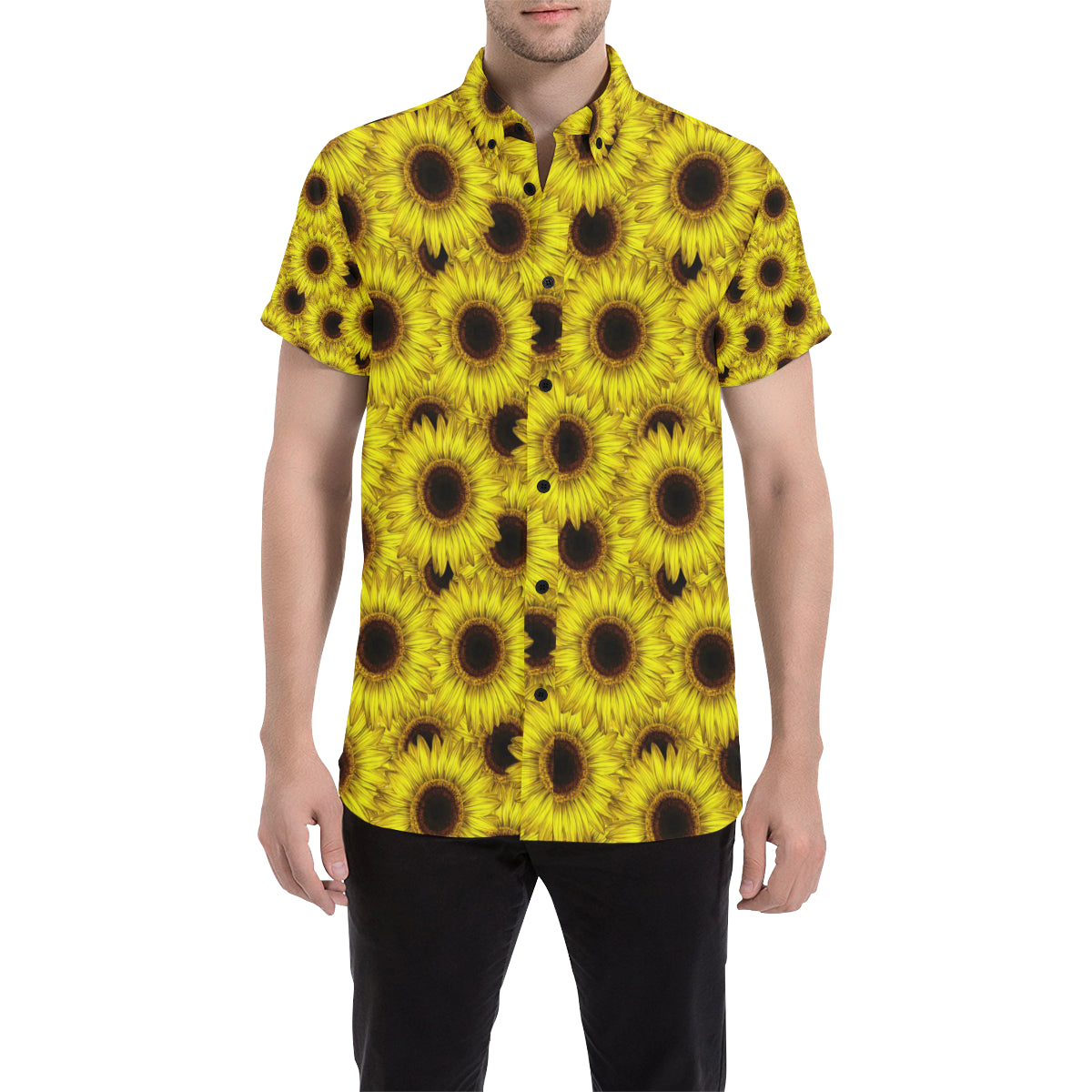 Sunflower Pattern Print Design SF011 Men's Short Sleeve Button Up Shirt
