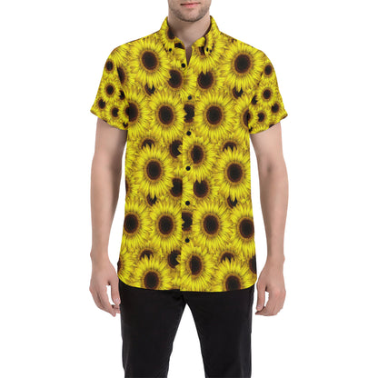 Sunflower Pattern Print Design SF011 Men's Short Sleeve Button Up Shirt