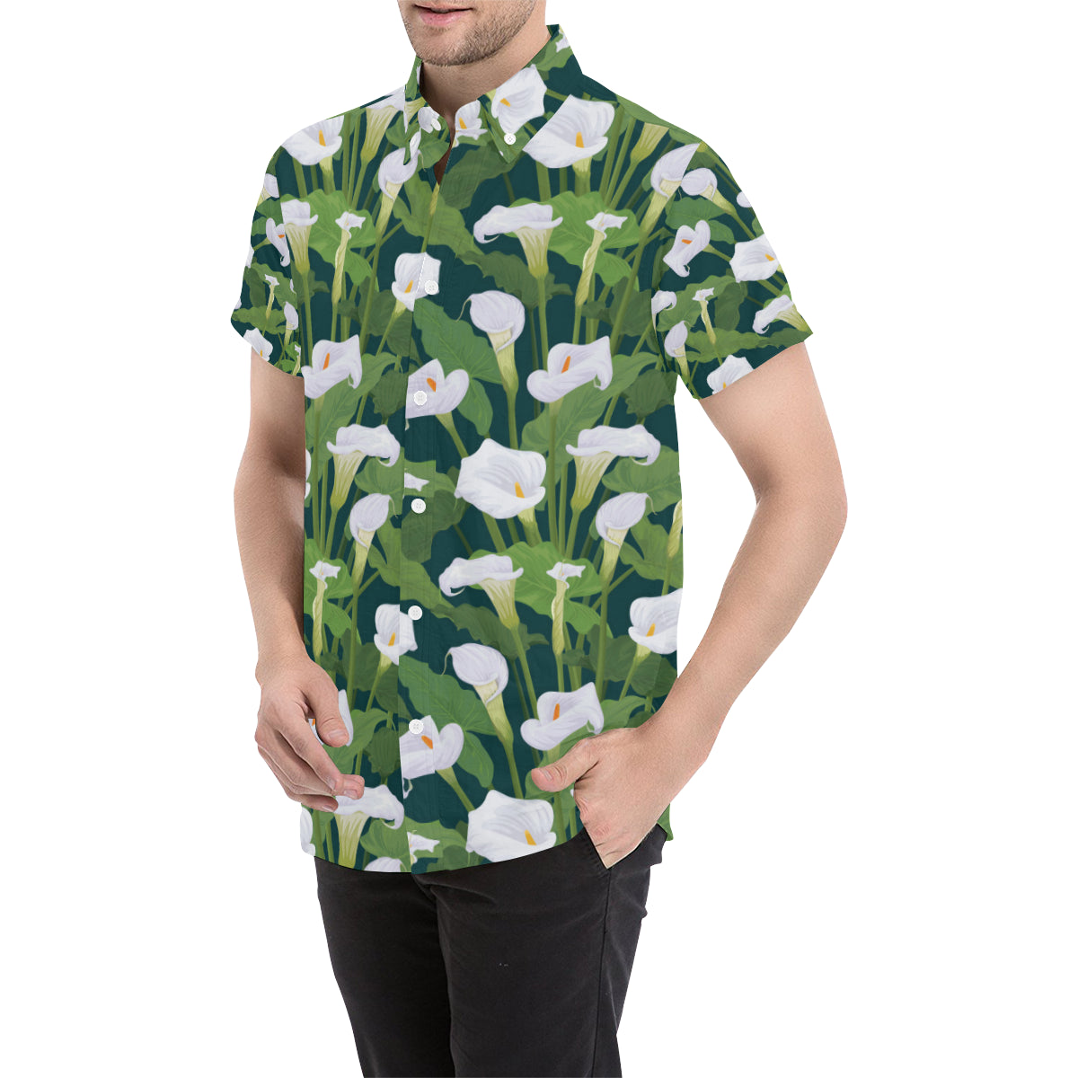 Lily Pattern Print Design 04 Men's Short Sleeve Button Up Shirt