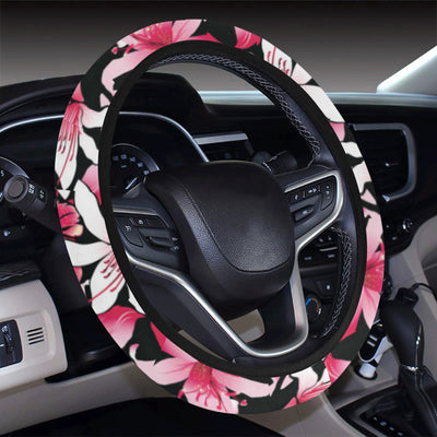 Flower Hawaiian Pink Red  Hibiscus Print Steering Wheel Cover with Elastic Edge